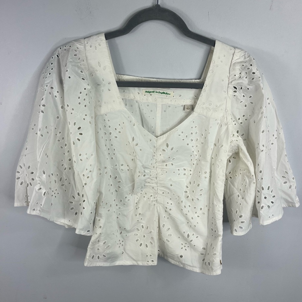 Scotch & Soda Size 34 White Flutter Sleeve Eyelet Organic Cotton Top M2